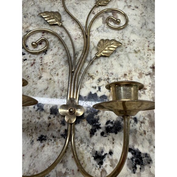Pair VTG Gold Brass Wall Candle Holders Sconces Leaf scroll Hollywood Regency - Picture 12 of 13